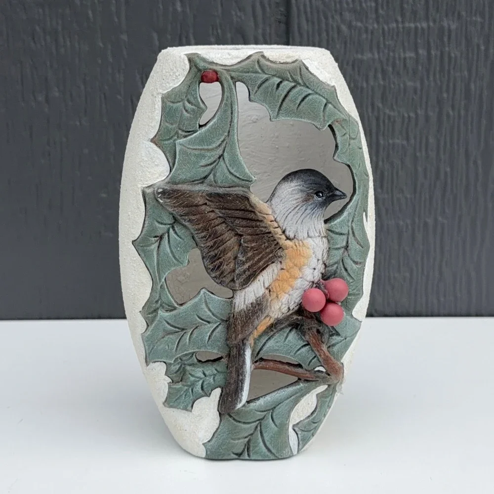 Vintage Chickadee Bird Ceramic Vase Holly Berry Cut Out Nature Decor 6.5